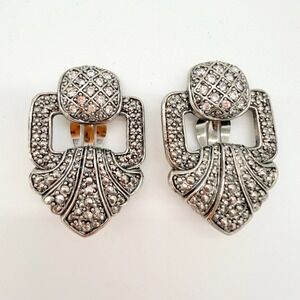 Vintage Silver‎ Tone Rhinestone Clip Earrings Art Deco Revival Statement